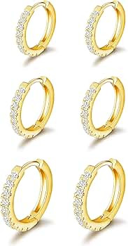 micuco 3 Pairs Small Hoop Earrings Tiny Cartilage Earrings Cubic Zirconia Cuff Earrings White Gol... | Amazon (US)