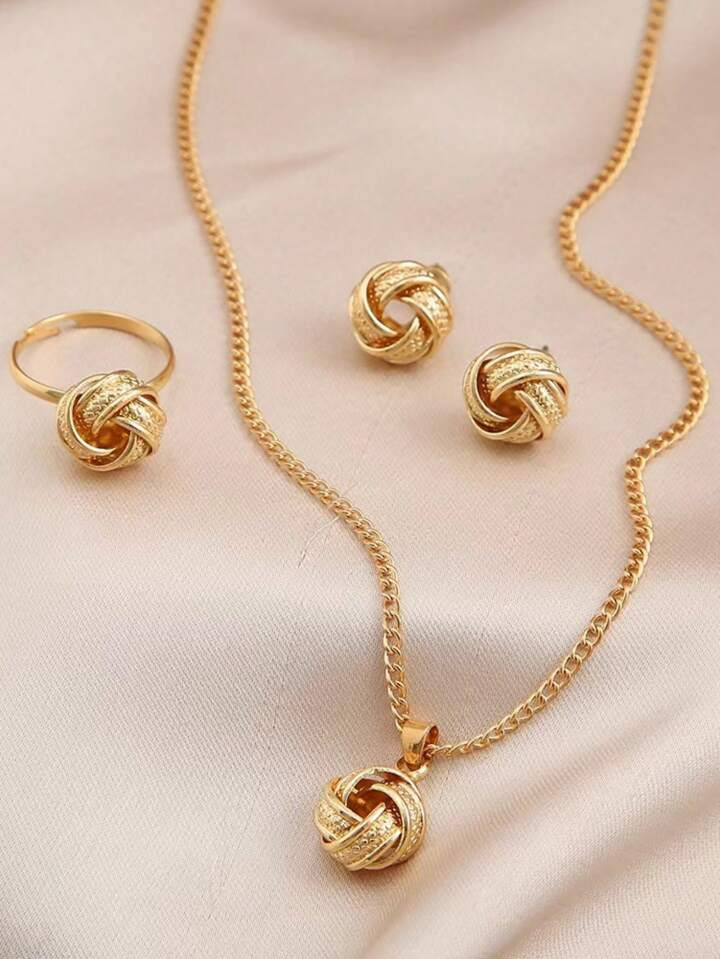 4pcs/set Minimalist & Fashionable Twisted Rope Knot Design Earrings, Necklace, Ring For Daily Wea... | SHEIN