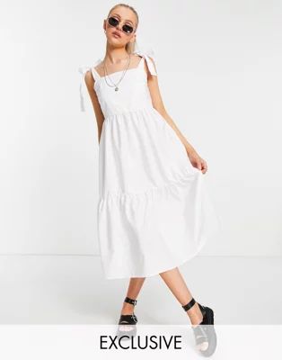 Stradivarius tiered poplin midi dress with bunny ties in white | ASOS (Global)