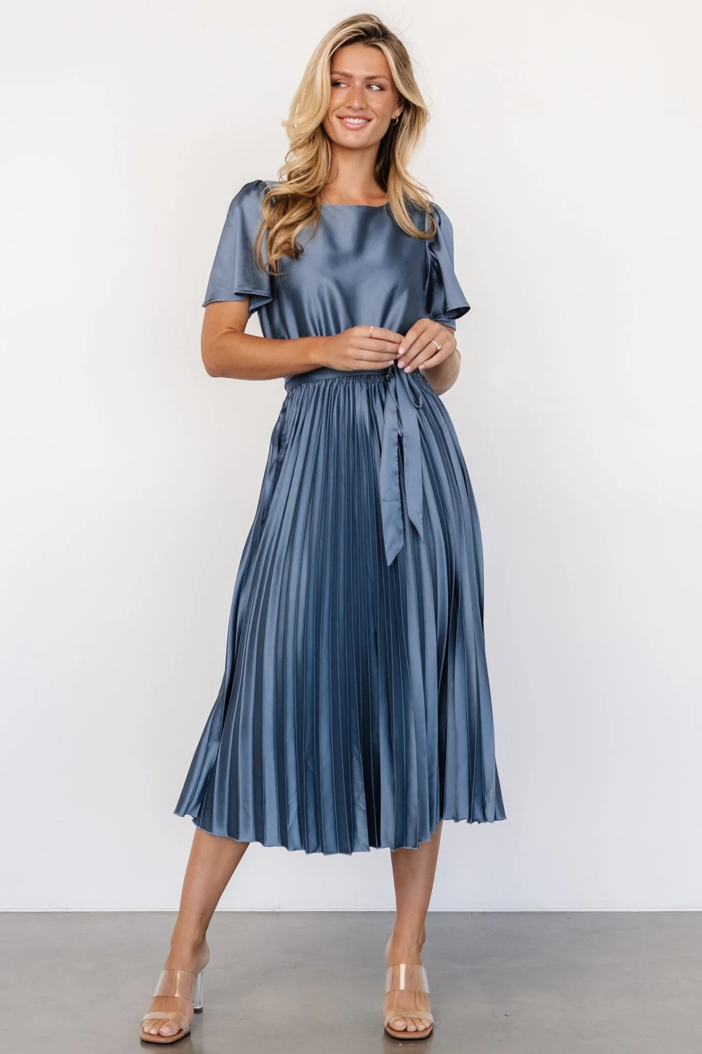 Adelaide Pleated Satin Dress | Blue | Baltic Born