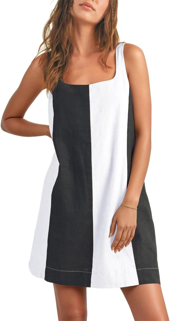 CHARTOU Women Summer Sleeveless Linen Dress Color Block Short Beach Vacation Tank Dress | Amazon (US)