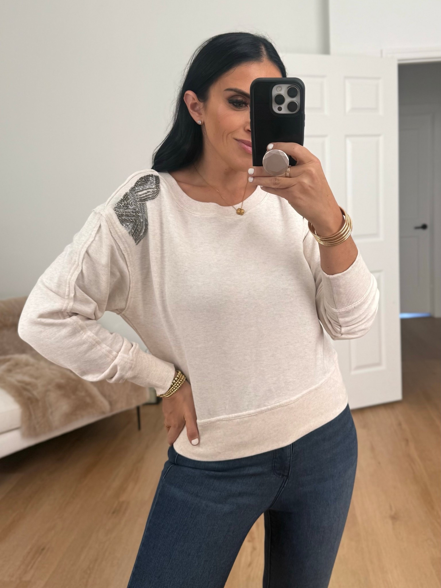 Jessica Simpson Women's Khissa Embellished Pullover Top wearing size medium. 
