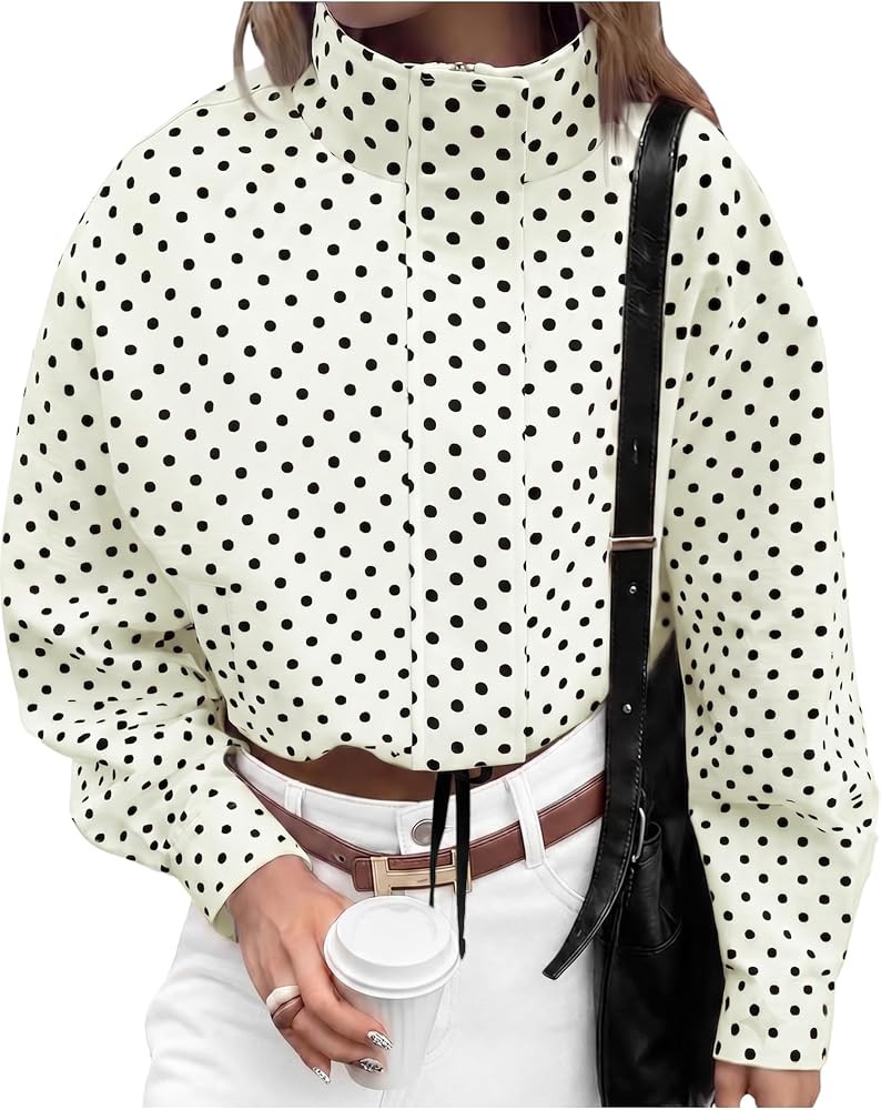 COCCKO Womens Polka Dot Cropped Jacket Zip Up Stand Collar with Pockets | Amazon (US)