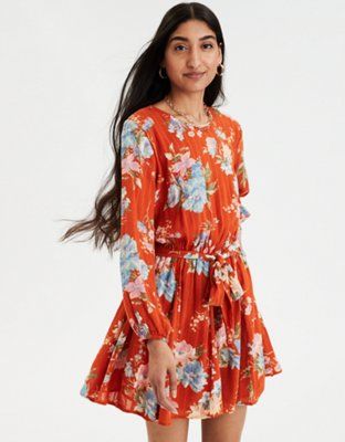 AE Printed Long Sleeve Tie Waist Dress | American Eagle Outfitters (US & CA)