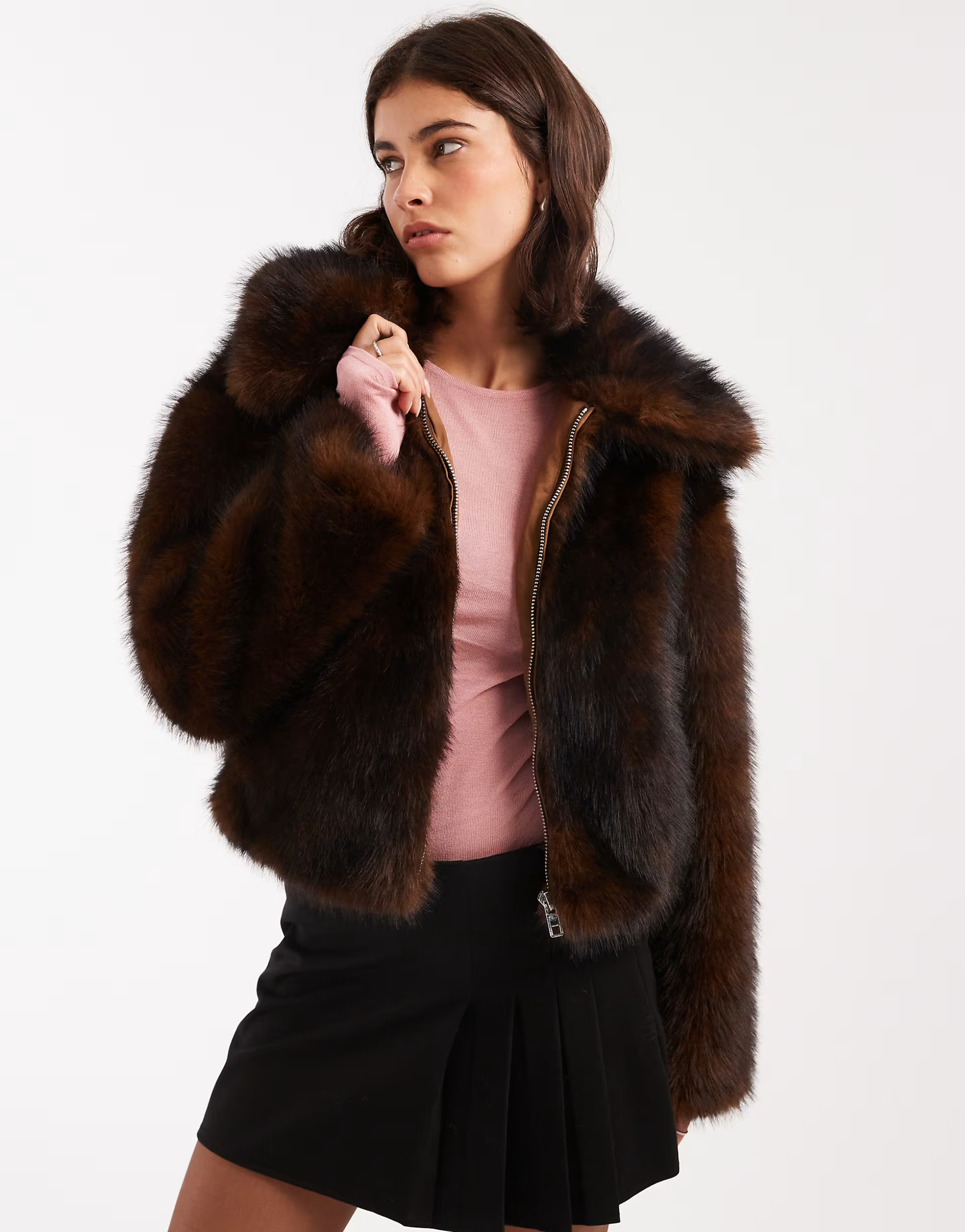 Miss Selfridge faux fur collar detail bomber jacket in chocolate | ASOS (Global)
