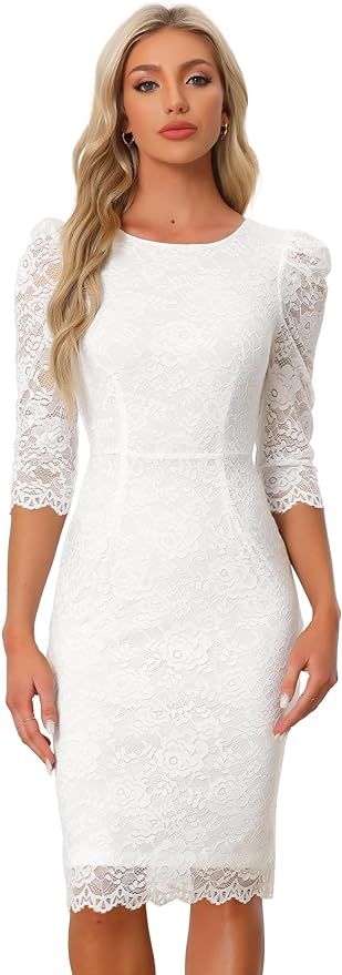 Allegra K Women's Elegant Lace Dress 3/4 Sleeve Business Wedding Guest Cocktail Bodycon Dress | Amazon (US)