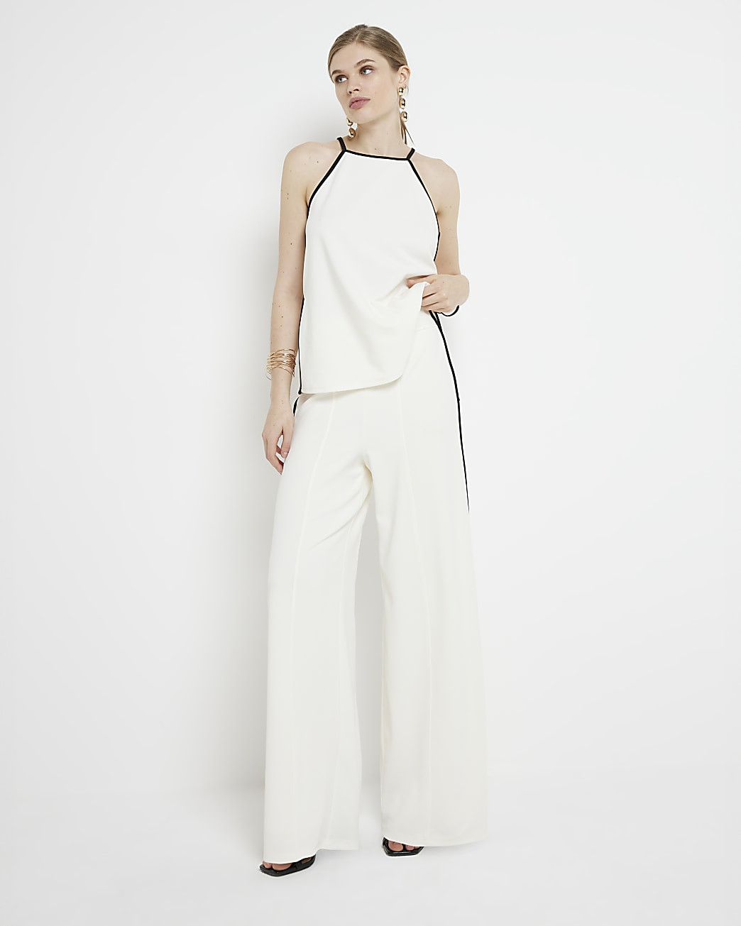 Cream Taped Wide Leg Trousers | River Island (UK & IE)