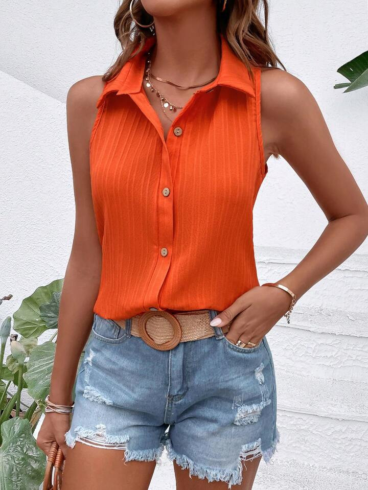 EMERY ROSE Solid Color Sleeveless Texture Loose Fit Shirt With Lapel And Button Front | SHEIN
