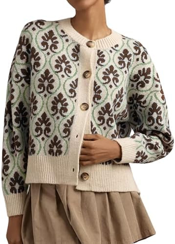 Women Floral Cardigan Sweater Open Front Long Sleeve Button Down Knit Sweater Vintage Outerwear | Amazon (US)