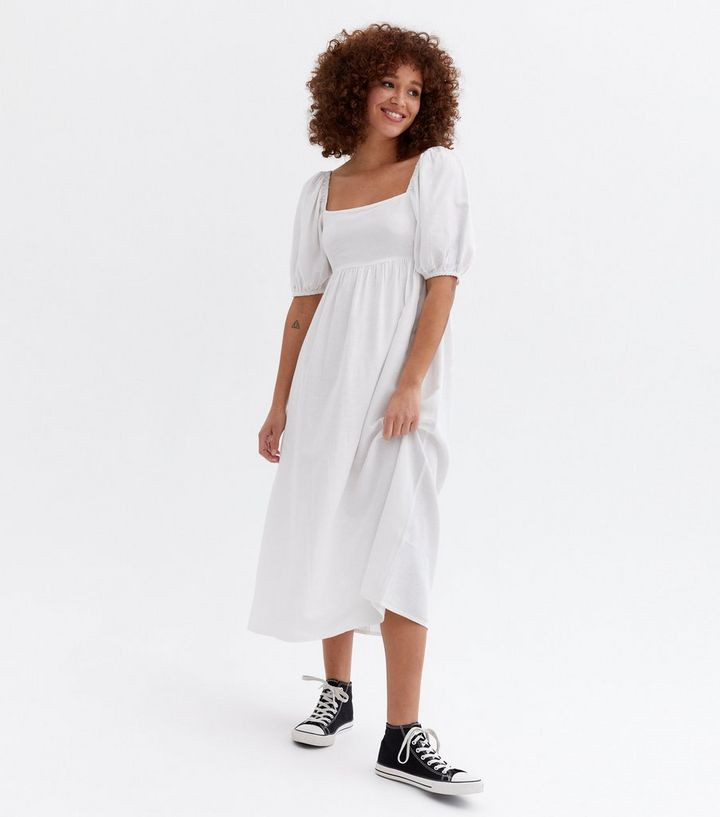 White Linen-Look Puff Sleeve Midi Dress
						
						Add to Saved Items
						Remove from Saved I... | New Look (UK)