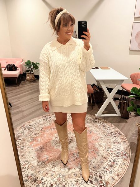 Office outfit midsize. This is the cutest sweaters set from Free People. The skirt is ribbed with a matching cable knit collar sweater. Wearing a L. 

#LTKSeasonal #LTKworkwear #LTKHoliday