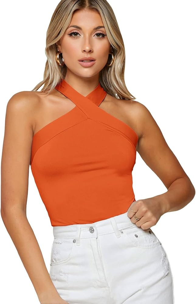 Floerns Women's Solid Criss Cross Halter Top Sleeveless Tee Shirt | Amazon (US)