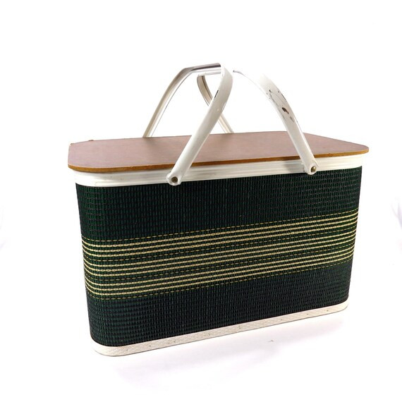 Vintage Mid Century Green Redmon Woven Wood Picnic Basket | Etsy (US)