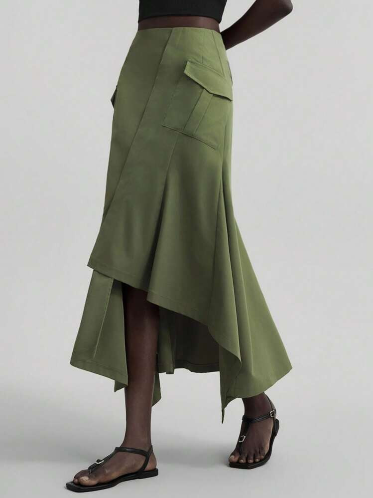 Ontre 2025 Women's Casual Solid Color Asymmetric Hem Skirt, Elegant For Party, Vacation, Beach, Graduation, Wedding, Social Events, Office Wear, Christmas, New Year | SHEIN