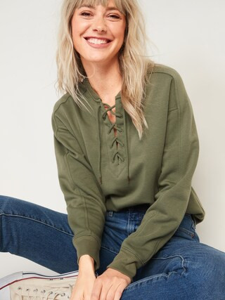 Lace-Up Crew-Neck Sweatshirt for Women | Old Navy (US)