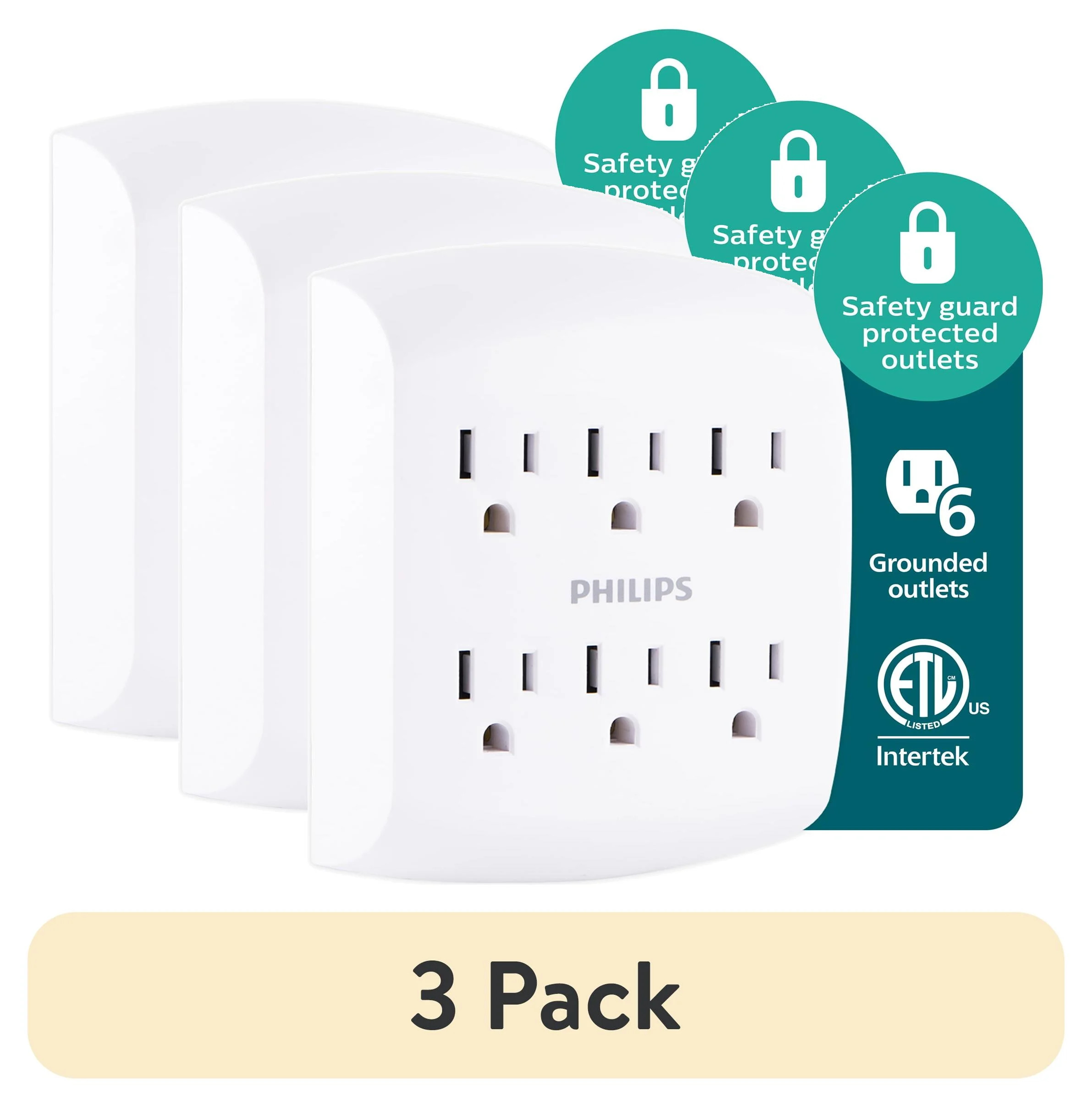 (3 pack) Philips 6 Outlet Wall Tap, 125VAC/15A/1875W, Tamper-resistant Protected Outlets, SPS1461... | Walmart (US)