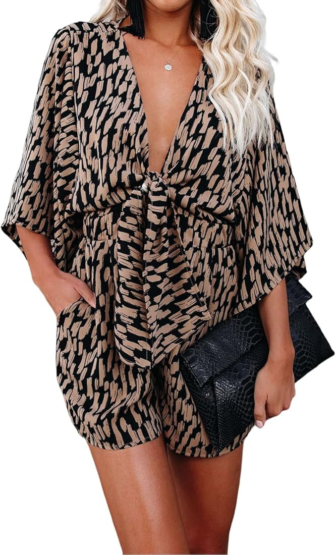 PRETTYGARDEN Women’s Leopard Print Shorts Jumpsuit Wrap V Neck 3/4 Sleeve Casual Loose Oversize... | Amazon (US)