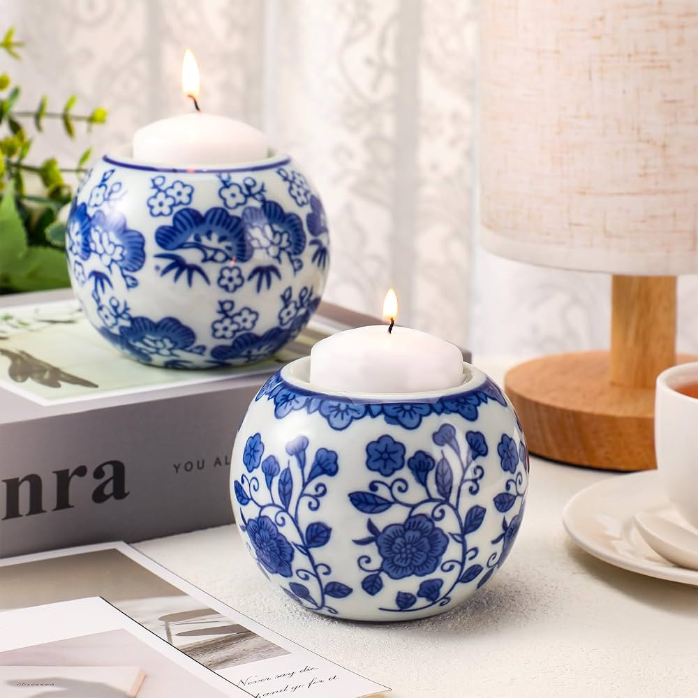 Soaoo 2 Pack Blue and White Candle Holder Chinoiserie Decor Porcelain Tealight Candleholders Voti... | Amazon (US)