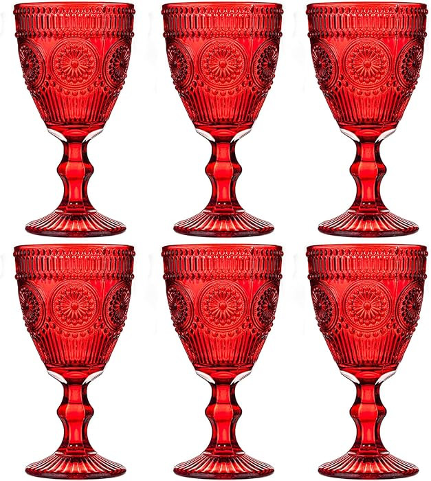 Red Vintage Wine Glasses Set of 6, 10 Ounces Colored Glass Water Goblets, Unique Floral Embossed ... | Amazon (US)