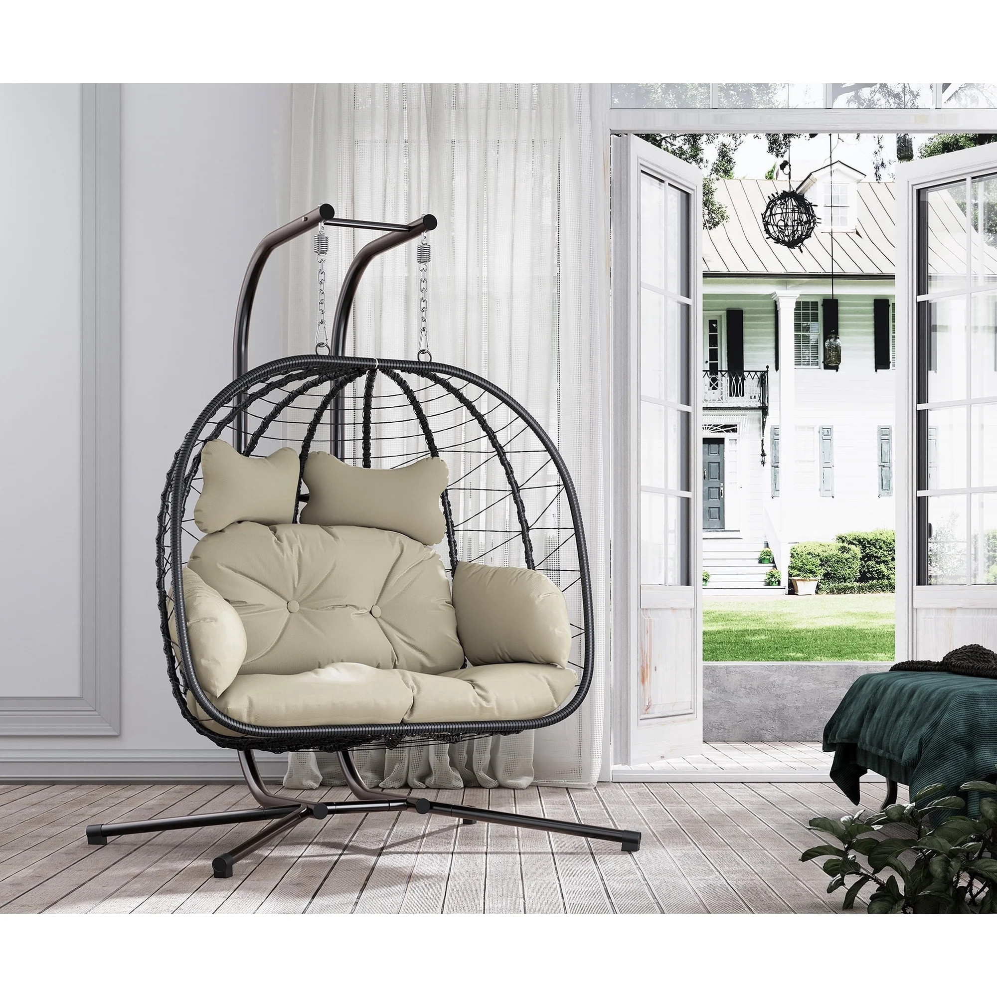 LHBcraft Double Wicker Swing Egg Chair Hammock Foldable Hanging Loveseat with Stand, UV Resistant... | Walmart (US)