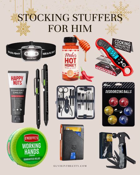 Stocking stuffer ideas for him include a headlamp, a wallet, working hands, deodorizing balls, hot honey, a multi tool, meat thermometer, nail kit, and Happy Nuts cream. 

Gifts for him, gifts for dad, gifts under 25, men’s gift guide 

#LTKGiftGuide #LTKfindsunder50 #LTKmens