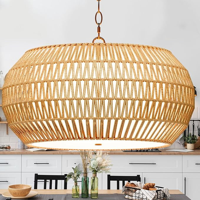 Large Fabric Basket Rattan Chandeliers For Dining Room,Woven Kitchen Lighting Fixtures Ceiling Ha... | Amazon (US)