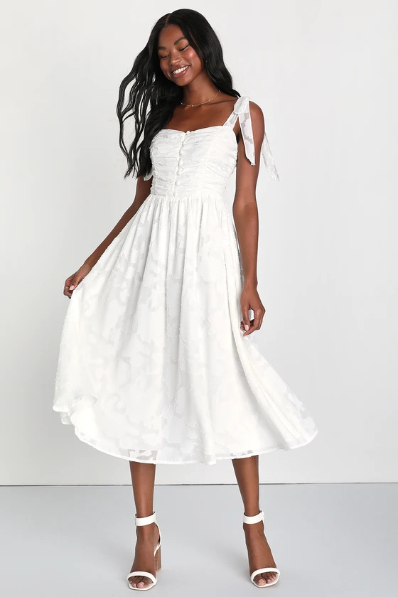 Radiant Delight White Burnout Ruched Tie-Strap Midi Dress | Lulus (US)