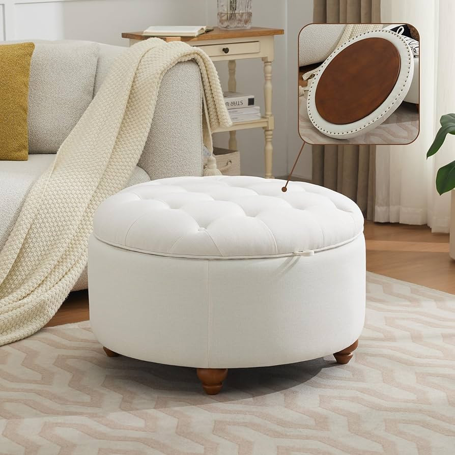 30Inch Round Storage Ottoman with Tray, Modern Tufted Fabric Circle Coffee Table with Storage, Up... | Amazon (US)