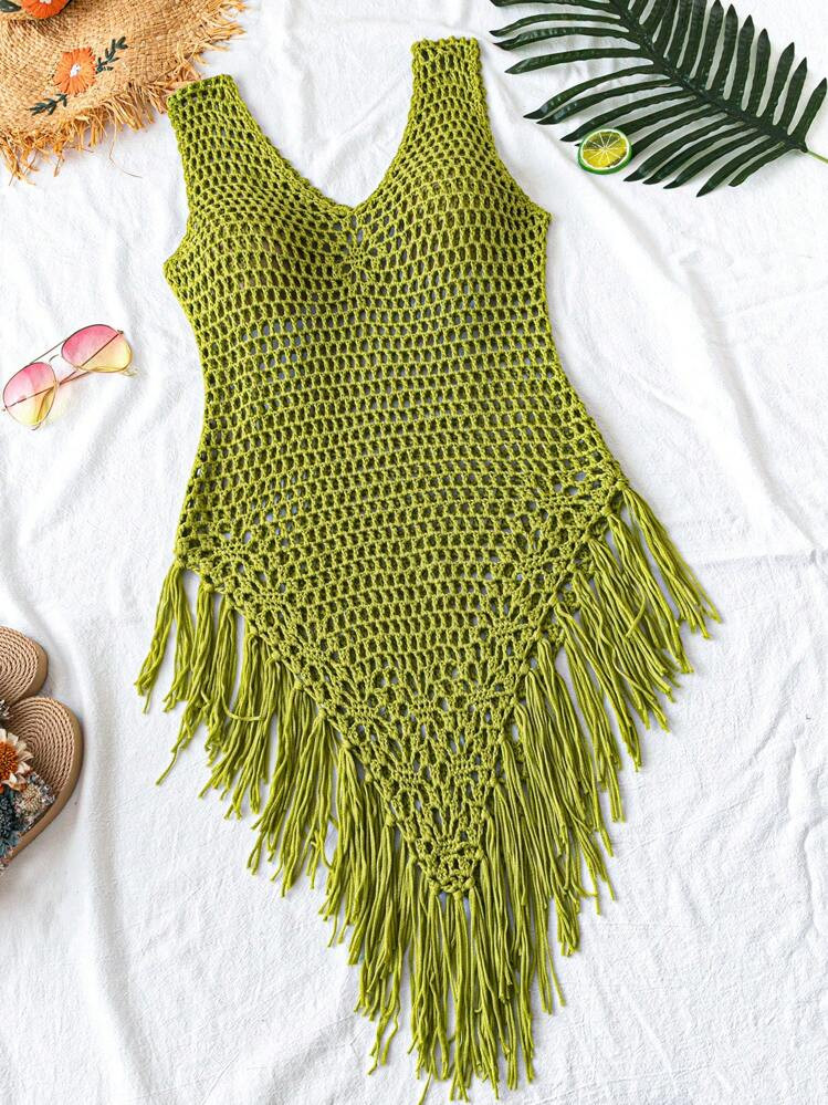 SHEIN Swim Vacation Beach Hollow Knitted Fringe Trim Cover-Up | SHEIN