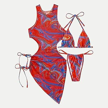 3 Piece Swimsuits for Women Padded Floral Print String Bikini Sets Bathing Suit Set Sexy Cutout High | Amazon (US)