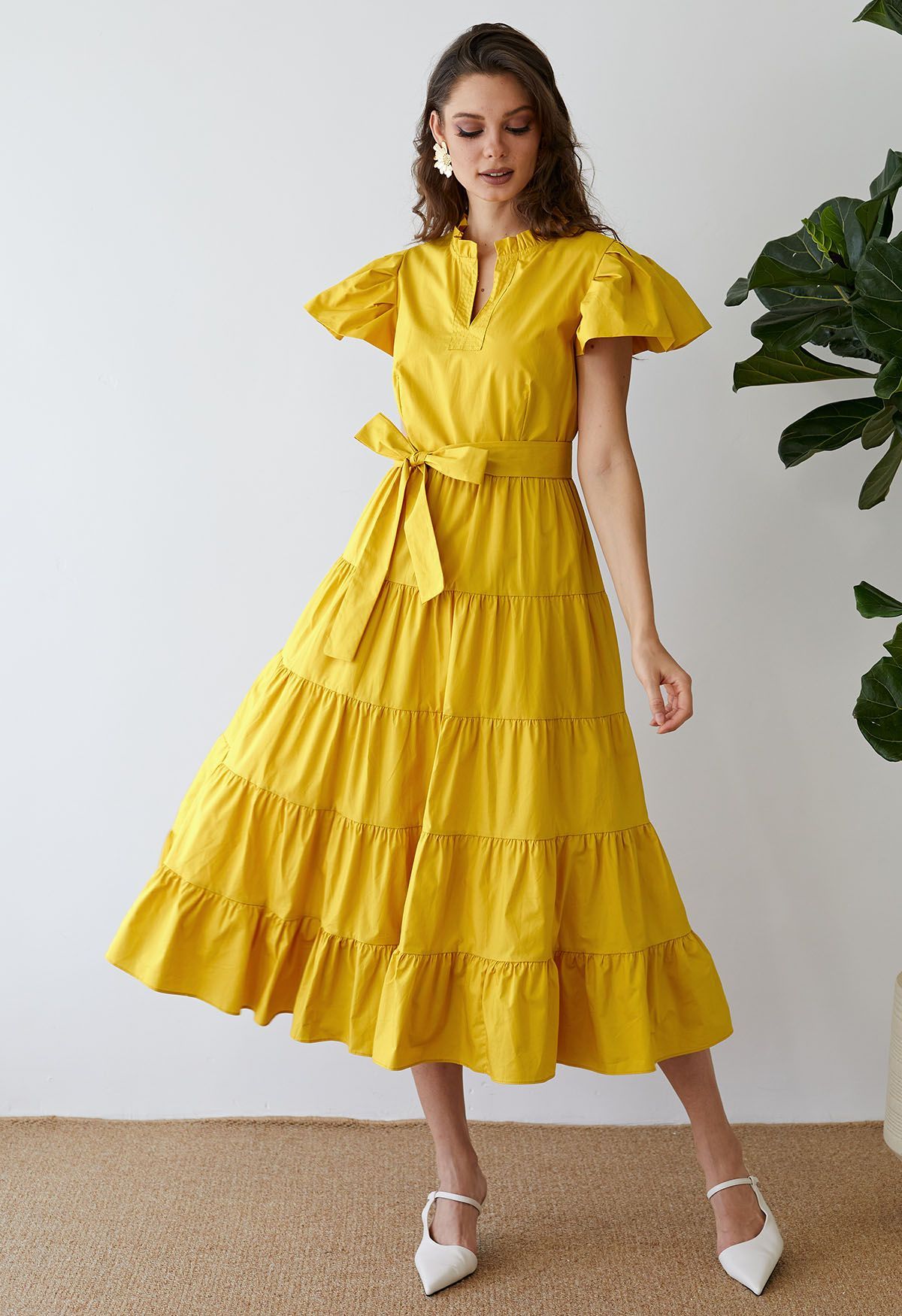 V-Neck Flutter Sleeve Ruffle Cotton Dress in Mustard | Chicwish