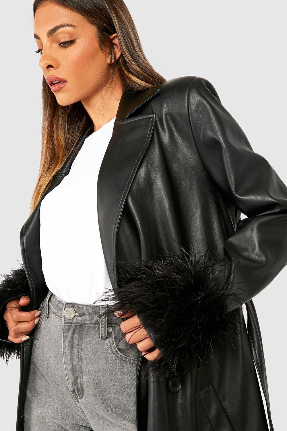 Feather Cuff Pu Belted Coat | Boohoo Winter Jacket | Leather Jacket | Feather Trim | Holidays | Boohoo.com (US & CA)
