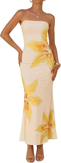 ZESICA Womens Summer Floral Bodycon Maxi Dress 2026 Formal Off Shoulder Strapless Cocktail Weddin... | Amazon (US)