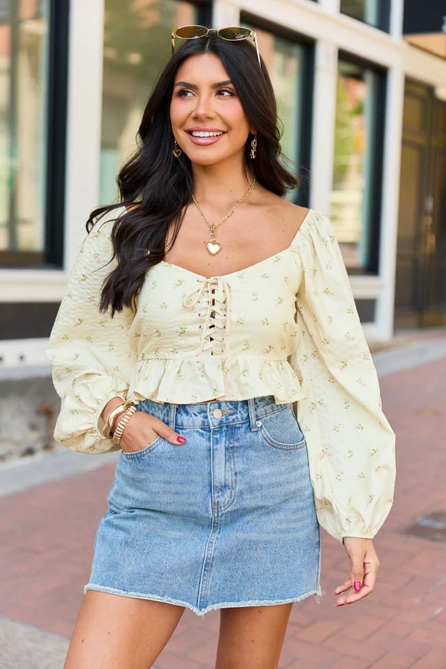 Maisie Yellow Floral Corset Woven Top | Pink Lily