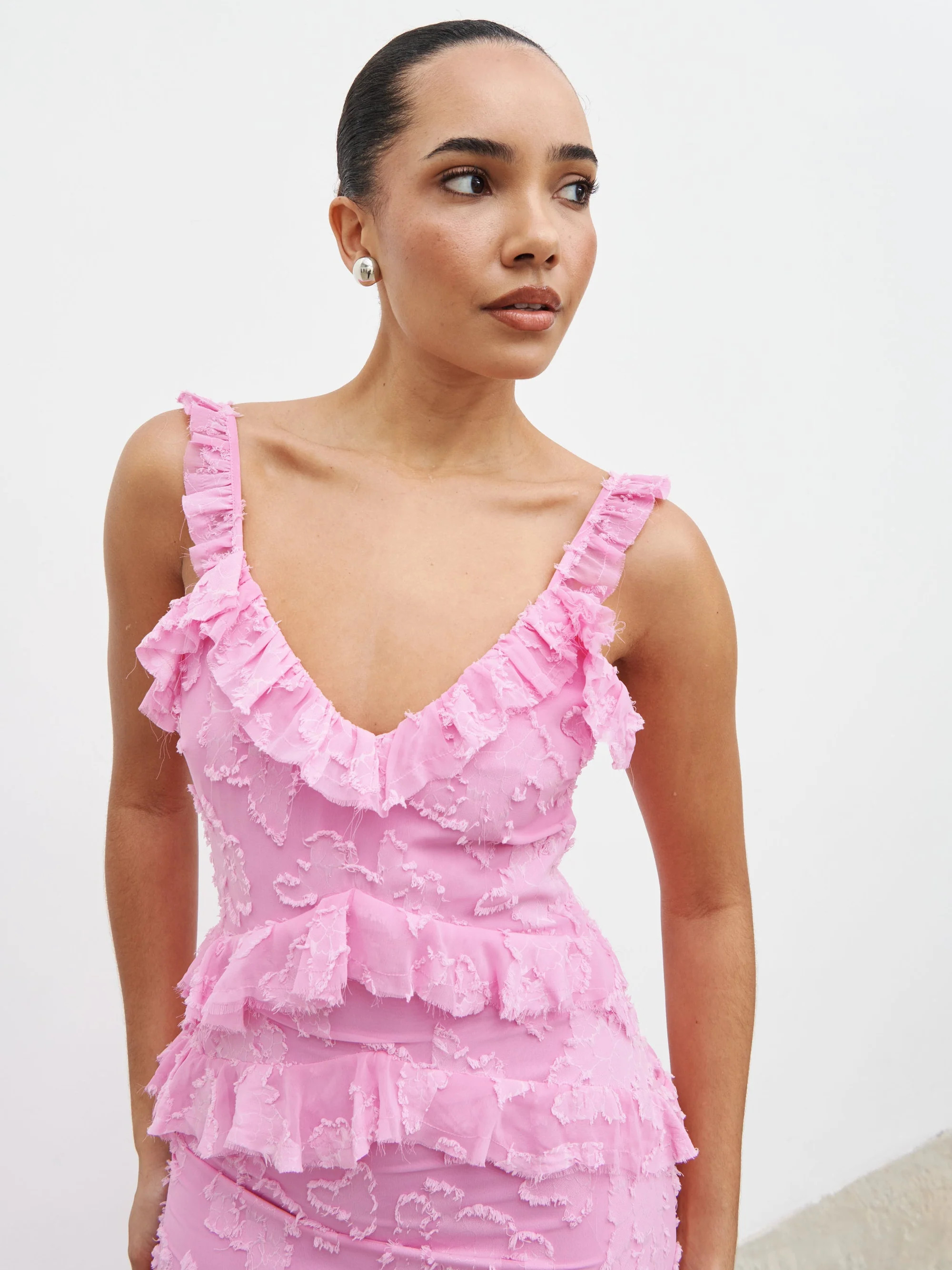 Helena Ruffle Jacquard Maxi Dress | Pretty Lavish (UK)