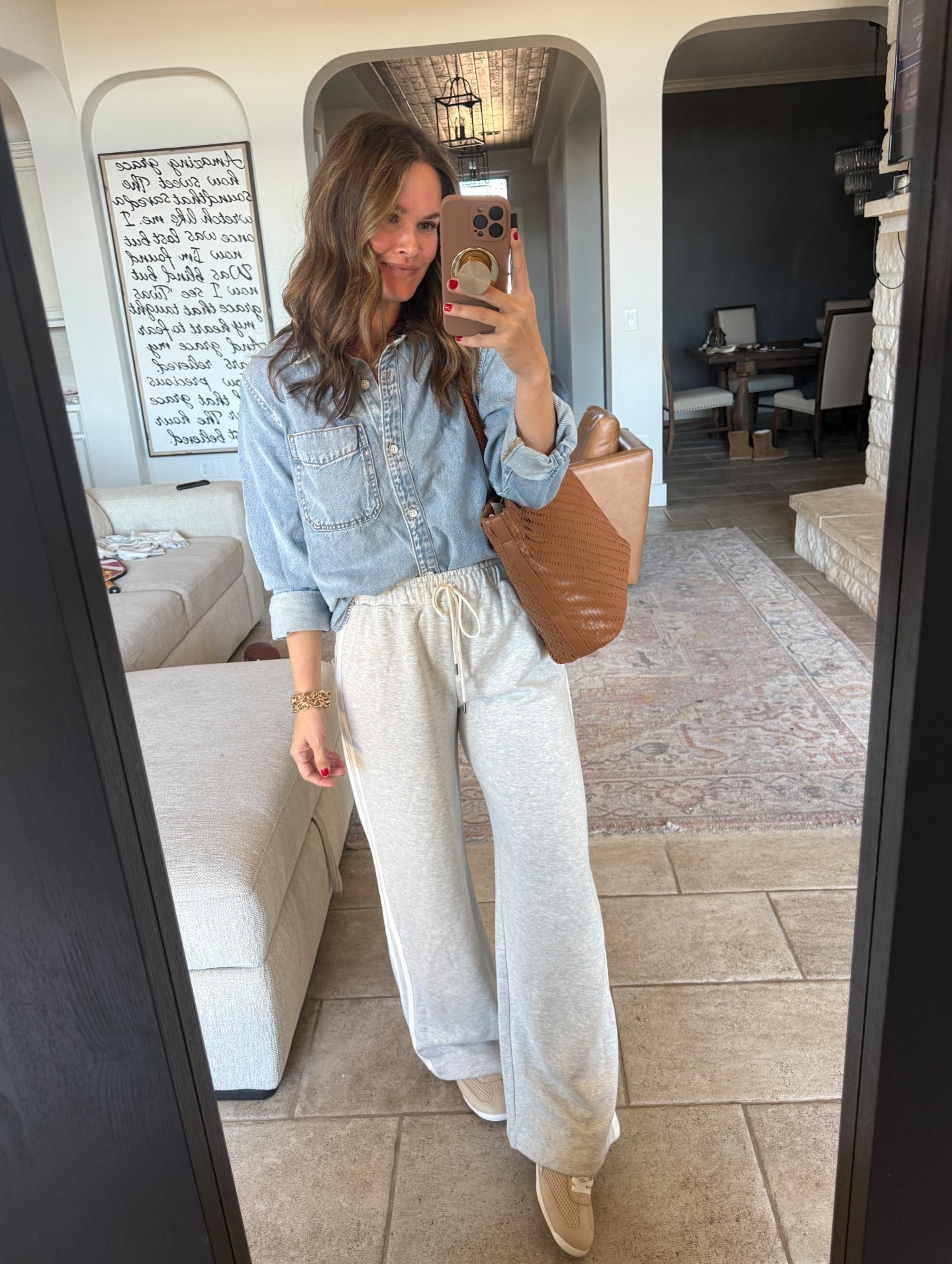 A classic chambray top that goes with everything and love the details on these gray sweatpants! Tru sizing in both from target #targetfashion #casualoutfit 

#LTKmomlife #LTKSaleAlert #LTKgrwm