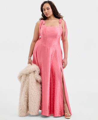 Trendy Plus Satin Jacquard Gown with a Corset Bodice and Tie Straps | Macy's