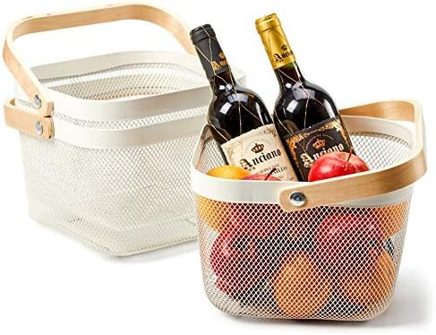 EZOWare 3packs Mesh Steel Baskets with Wood Handle Ideal for Kitchen Bathroom Pantry Storage Orga... | Amazon (US)