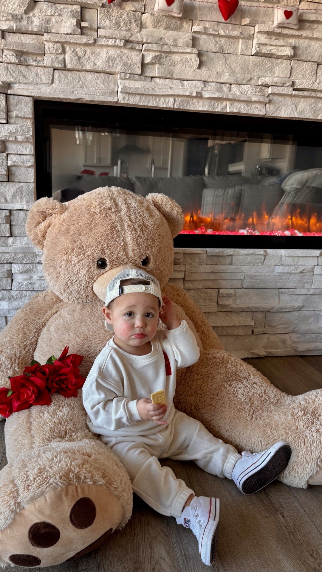 A mini DIY Valentine’s photoshoot in our living room 💌❤️

Keeping it simple with a Hobby Lobby Valentine’s banner and our giant Costco teddy bear (originally from our gender reveal / baby shower and still stealing the show 🐻).

Obsessed with this Amazon Essentials x Sofia Richie toddler outfit — the material is SO soft and comfy, we definitely need it in more colors. Styled with classic Converse sneakers and a Binky Bro hat for the cutest casual Valentine’s look.

Easy at-home Valentine’s Day photoshoot idea + comfy toddler outfit inspo 💘 

 #LTKBaby #LTKKids #LTKValentine