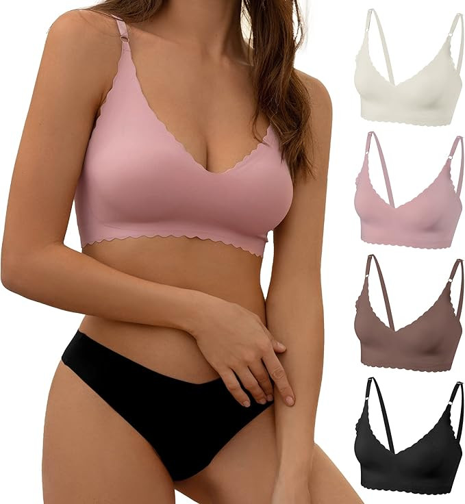 DEANGELMON V Neck Bralettes Padded Seamless Adjustable Straps Bra Everyday Basic Sleeping Bras | Amazon (US)