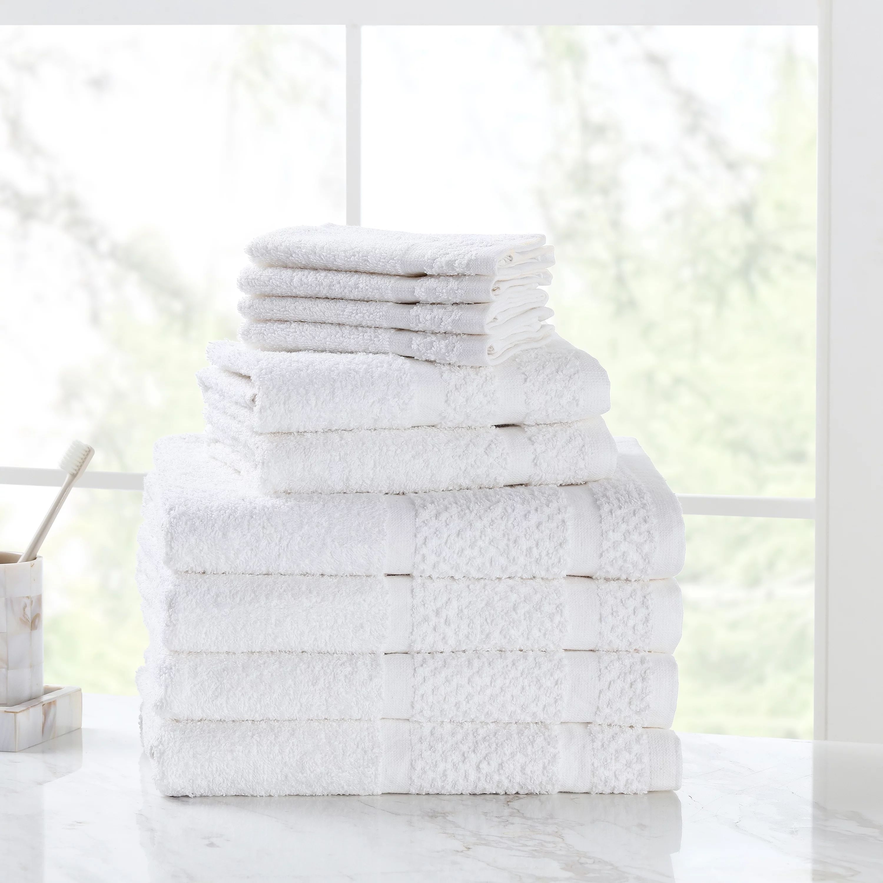 Mainstays Value 10-Piece Cotton Towel Set with Upgraded Softness & Durability, White | Walmart (US)