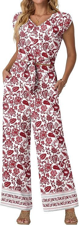 Lepunuo Women Summer 2 Piece Outfits Cap Sleeve V Neck Belted Crop Tops Casual Wide Leg Pants Mat... | Amazon (US)