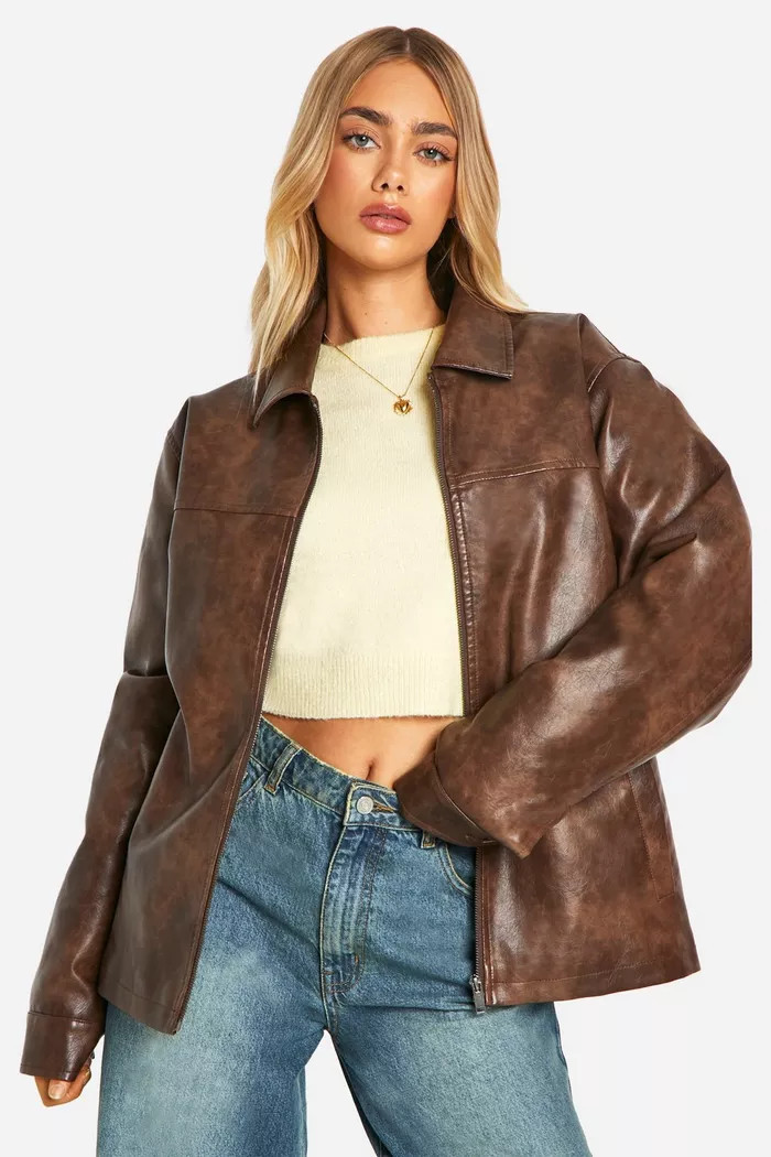 Vintage Look Faux Leather Zip Jacket | boohoo (US & Canada)