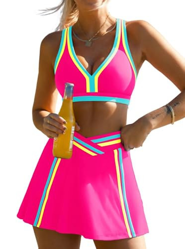 popvil Women 3 Piece Swimsuits 2026 High Waisted Bikini Sets with Skirt Full Coverage Neon Sporty Tummy Control Bathing Suits Mom Pool Summer Hot Pink | Amazon (US)