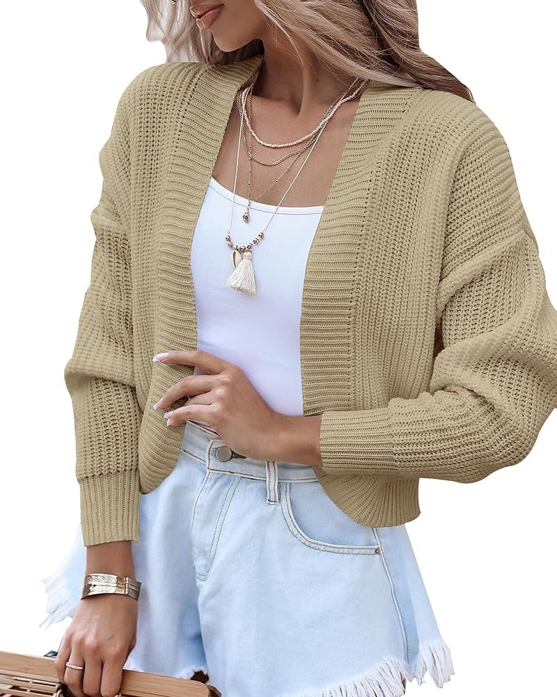 Women's Long Sleeve Open Front Knit Cropped Cardigan Sweaters Casual Drop Shoulder Short Shrugs S... | Amazon (US)