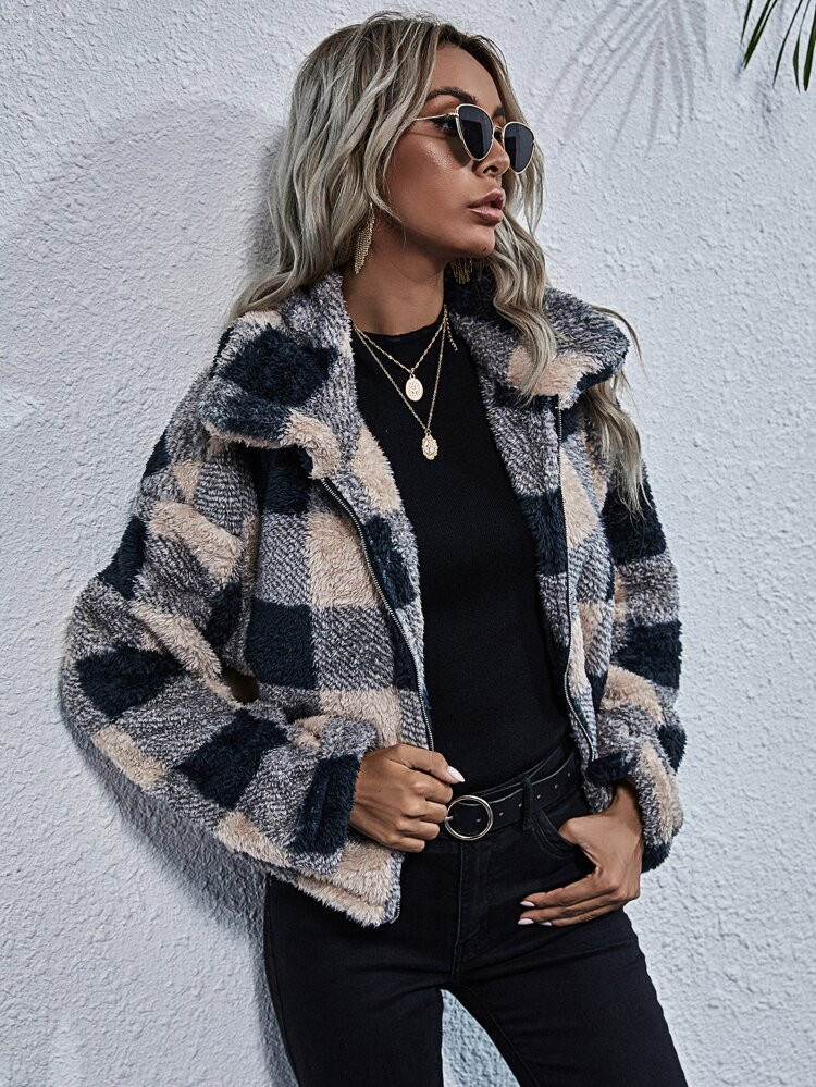 Plaid Print Zip Up Drop Shoulder Teddy Jacket | SHEIN
