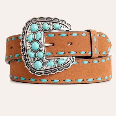 Angel Ranch Women's Tan Stitched Suede Turquoise Stone Buckle Western Belt | Cavender's