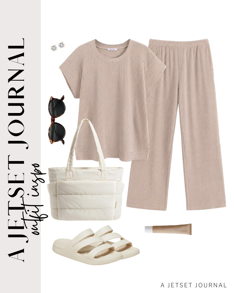 Start the first outfit with a light khaki ribbed tracksuit from Ekouaer and Crocs strappy sandals. Grab a BAGSMART tote bag to complement this outfit and finish the look with SOJOS polarized sunnies. 

#LTKSeasonal #LTKSaleAlert #LTKTravel
 

 
