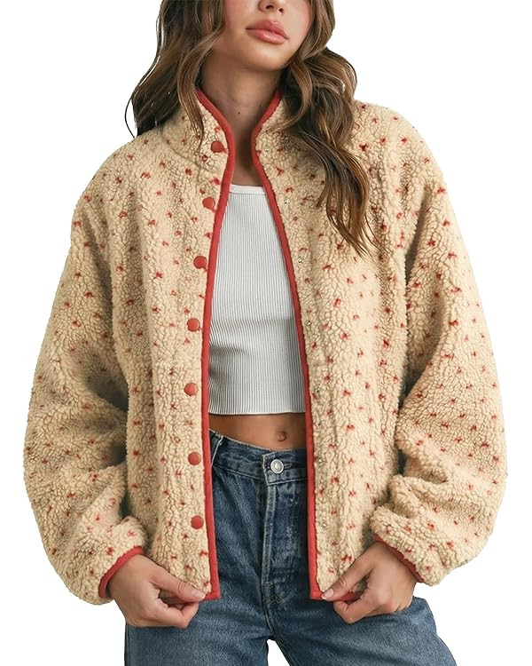 Slouchy Fleece Jacket Women Long Sleeve Button Down High Neck Polka Dot Puffer Jackets Sherpa Ove... | Amazon (US)