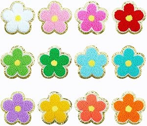 12 PCS Flower Patches Chenille Patches Gold Edges Colorful Flower Iron On Patches Sew On Patches ... | Amazon (US)